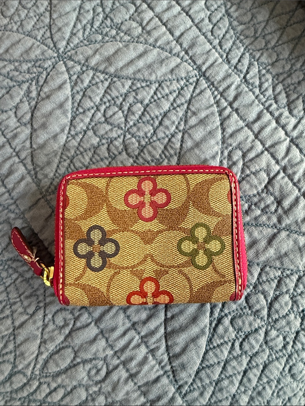 Coach Multicolor Signature Floral Zip Wallet with Red Trim